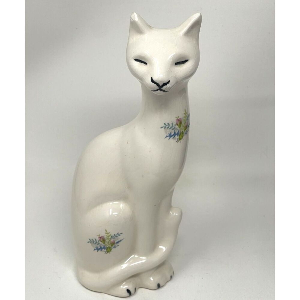 Royal Cux Atelier RADA Tall Cat Figurine Porcelain Bohemia 10" Floral MCM 1970s